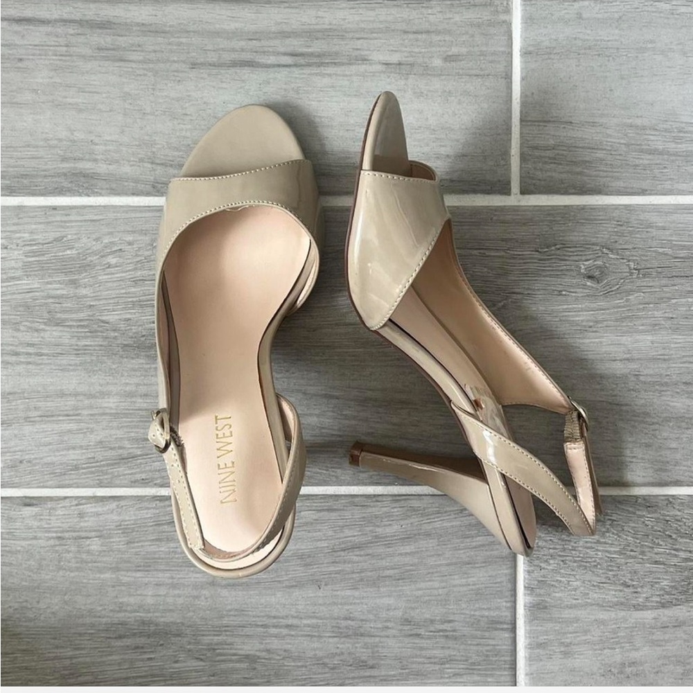 Tan open toed slick back heels 
Nine West